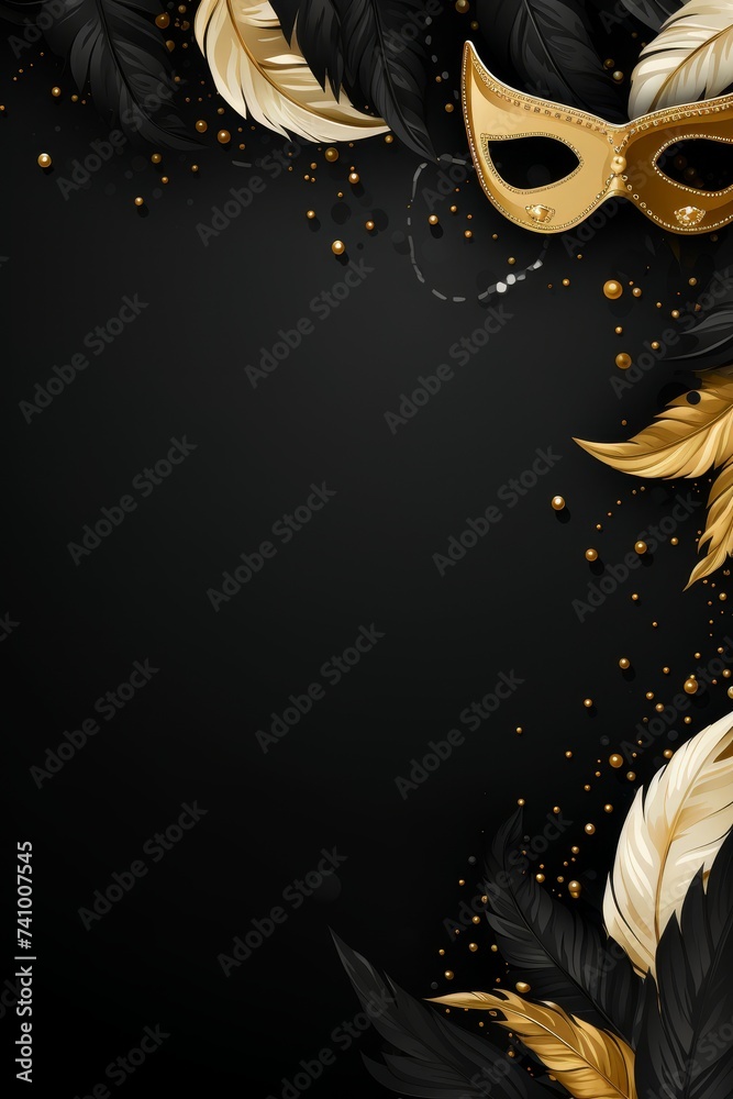 Fototapeta premium Venetian masquerade decorations, gold mask and feathers, dark vertical background with copy space