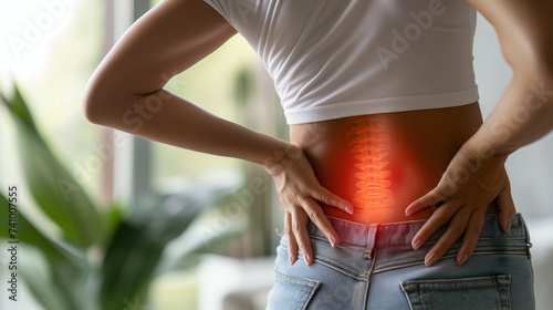 Person experiencing lower back pain is highlighted by a visual representation of spine discomfort, set in a home environment. The image captures the urgency of addressing everyday aches and wellness photo