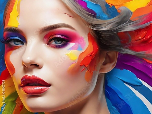 Happy world art day painting of the wall with on model girl. colorful painting on smiling young adult teenagers 