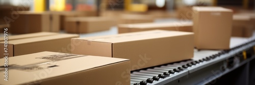 Cardboard boxes parcels on a conveyor belt, transport goods delivery and logistics, logistics warehouse, banner
