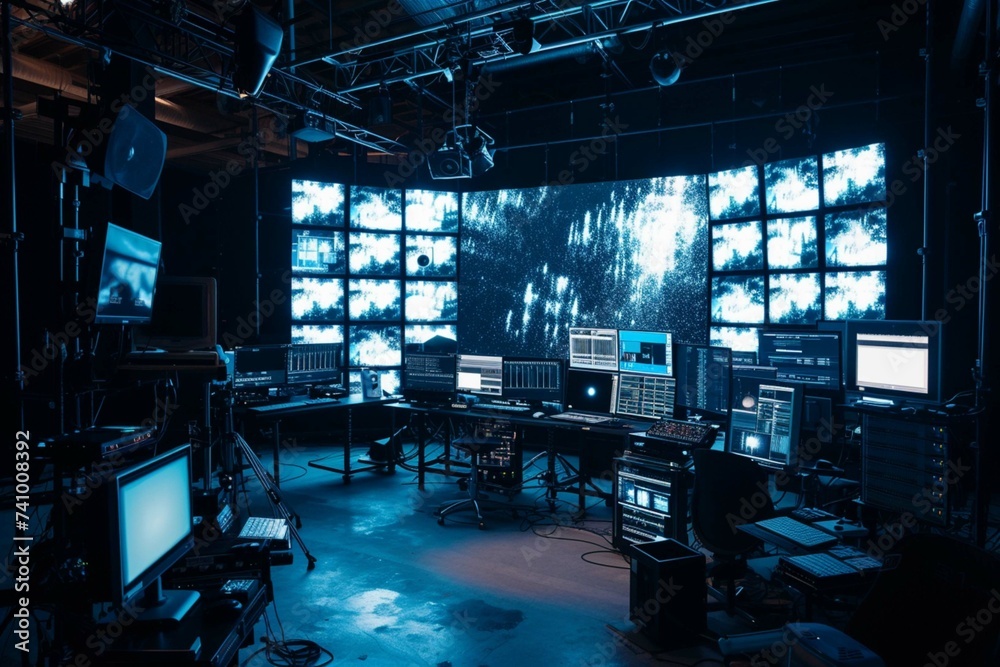 TV studio set in preparation. Large scale monitors. Hand edited generative AI.