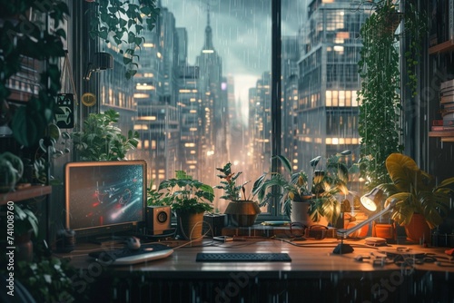 View from a plant-cluttered desk out a window into a rainy city