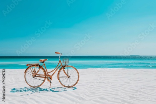 vintage bicycle on white sand beach over blue sea and clear blue sky background, spring or summer holiday vacation concept.