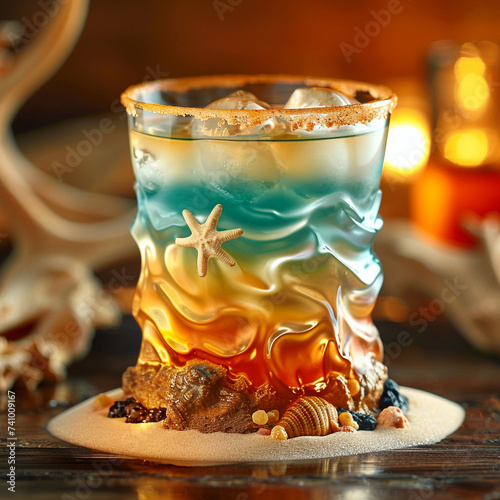 A drink presentation featuring a layered cocktail that mirrors an ocean scene complete with a sandy base