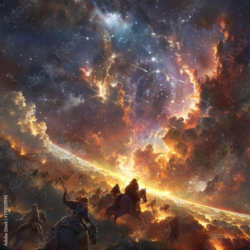 A galaxy as a backdrop for an ancient mythological battle with gods and heroes among the stars