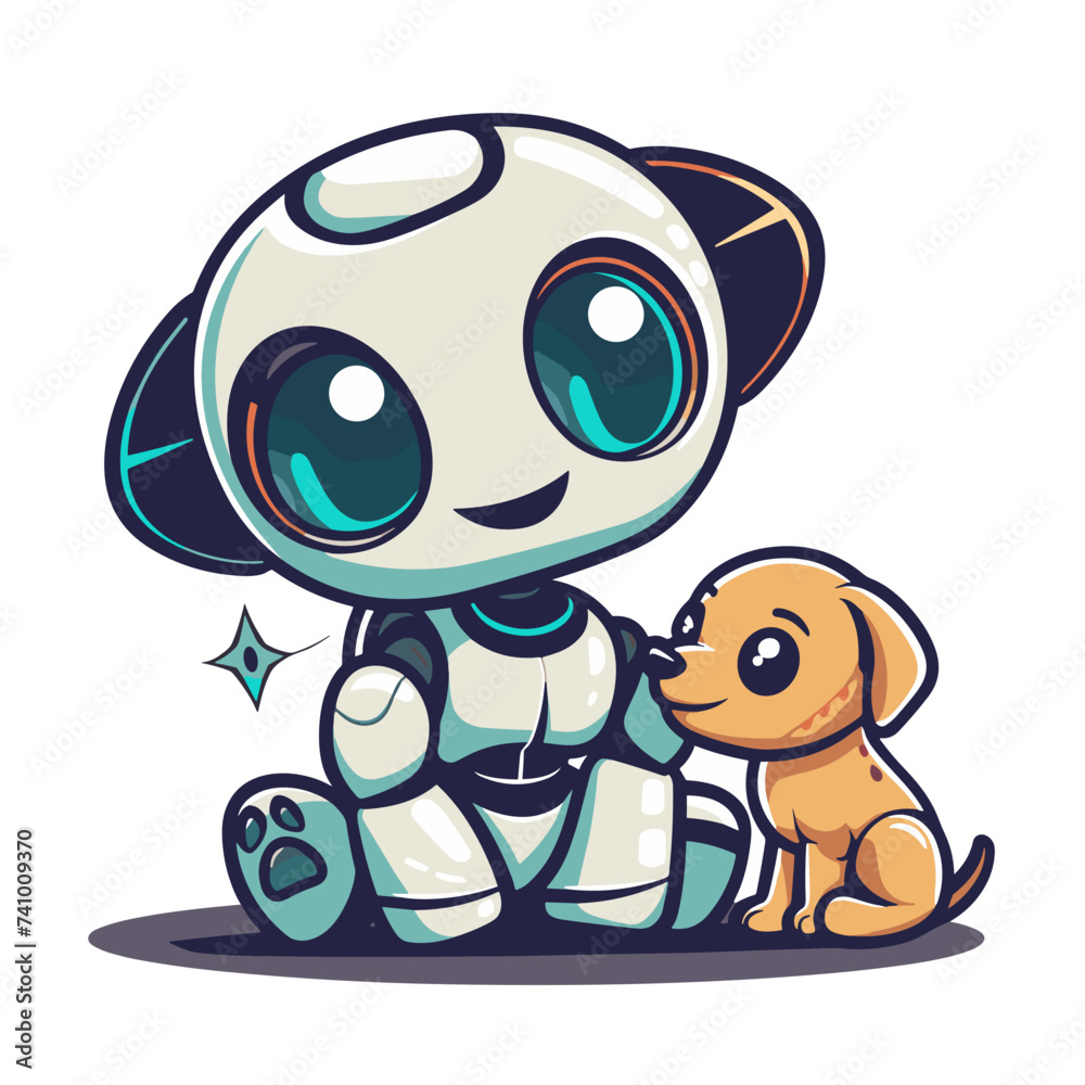 Naklejka premium An unlikely duo: robot and puppy explore the world together.