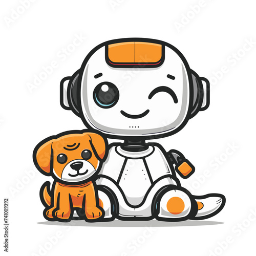 Cute cartoon robot with a dog. Vector illustration on white background.