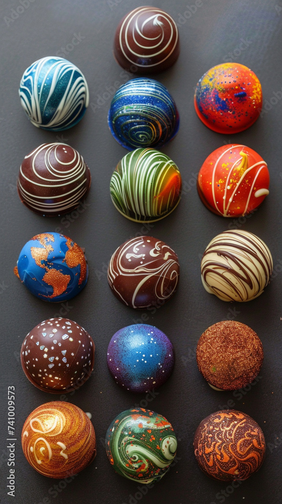 A set of chocolate truffles decorated to look like planets complete with swirling patterns and colors A set of chocolate truffles decorated to look like planets complete with swirling patterns and colors