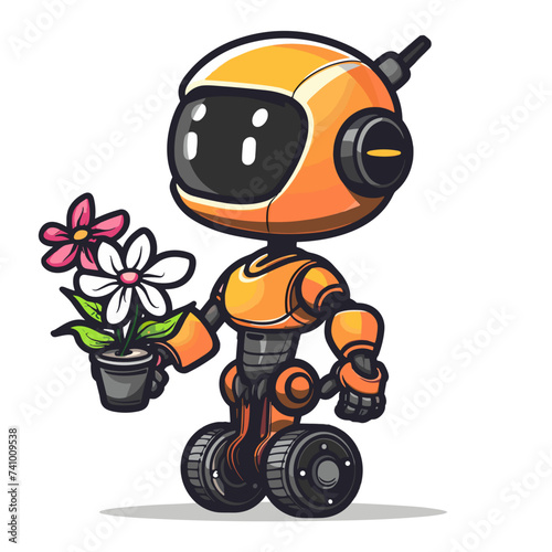 Unique robot expressing gratitude with flowers. Vector illustration.