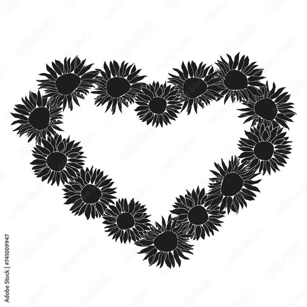 Silhouette sunflower hearts frame, hand drawn floral elements for Valentines day. Vector illustrations for card or invitations, surface design Silhouette sunflower hearts frame, hand drawn floral elements for Valentines day. Vector illustrations for card or invitations, surface design