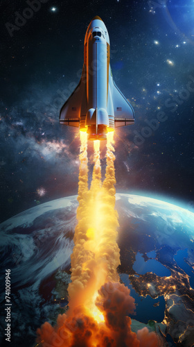 Space Shuttle Launching Into Orbit - The fiery trail of a space shuttle launch illuminates the night as it ascends into orbit, a beacon of human aspiration and the relentless pursuit of knowledge.