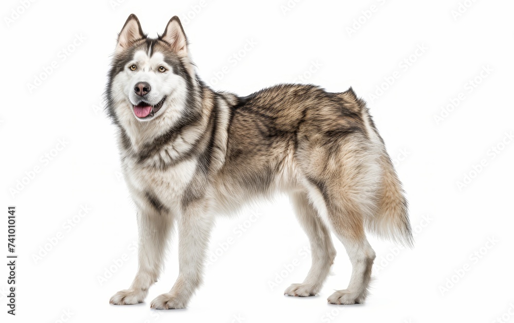 A proud Alaskan Malamute stands with a bold stance, its dense coat and alert expression reflecting the breed's resilience and dignity. This dog embodies the spirit of the great northern wilderness.