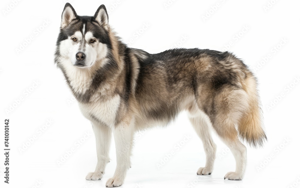 A proud Alaskan Malamute stands with a bold stance, its dense coat and alert expression reflecting the breed's resilience and dignity. This dog embodies the spirit of the great northern wilderness.