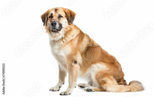 An Anatolian Shepherd Dog sits alert, its keen eyes and perked ears indicative of its vigilant nature. The tan coat with black markings adds to its noble appearance.