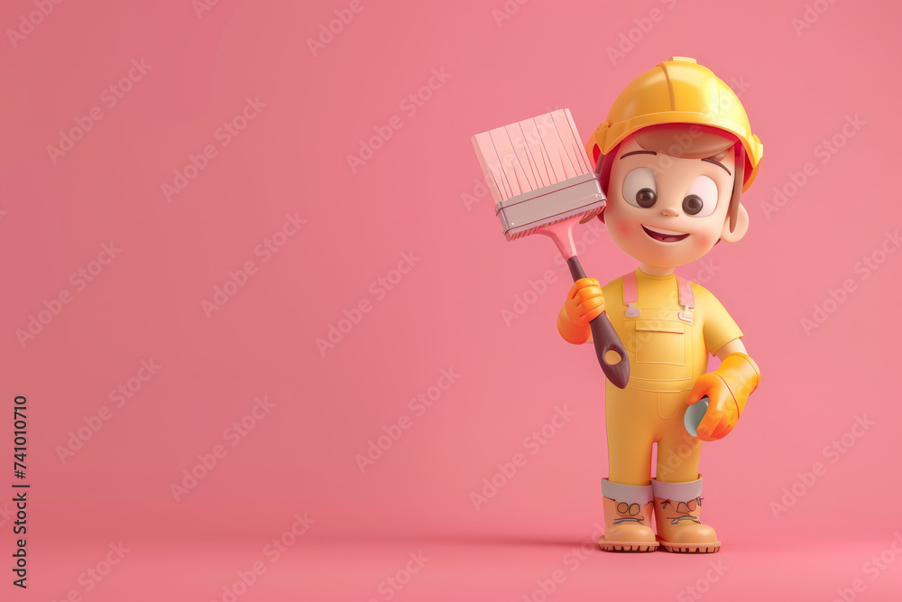 3D style cute cartoon character of a painter and decorator holding a large brush 3D style cute cartoon character of a painter and decorator holding a large brush