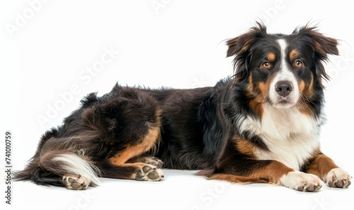 An Australian Shepherd lies gracefully  its eyes full of intelligence and warmth. The dog s luxurious black  white  and brown coat provides a stunning contrast to the white background.