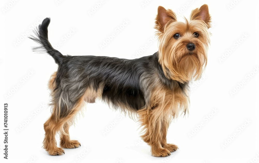 A confident Australian Silky Terrier stands alert, its tan and black coat shining and its small stature projecting a bold spirit.