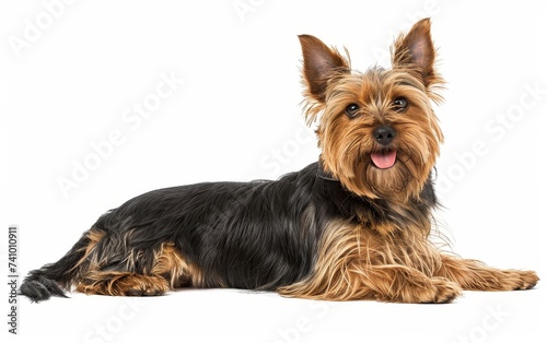 This Australian Silky Terrier relaxes on its side  showcasing its fine  glossy fur and alert yet calm demeanor. The dog s well-defined features stand out on the pristine background.