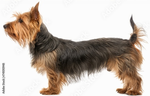 An inquisitive Australian Silky Terrier stands with its head tilted, displaying a keen interest. Its sleek, silky fur and sharp eyes denote a curious personality. photo