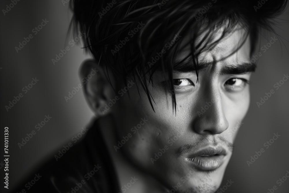 Black and white photo of a handsome Asian man, close-up portrait of a man Black and white photo of a handsome Asian man, close-up portrait of a man
