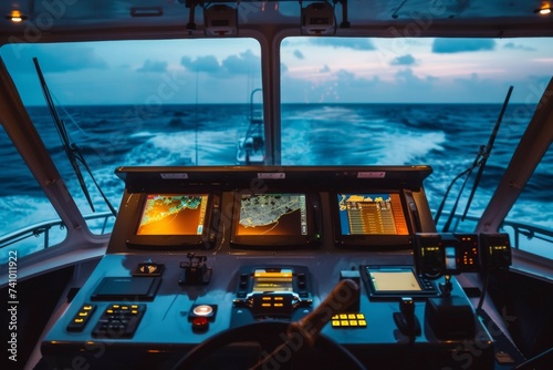 Navigational Bridge Control - A modern ship s navigational bridge deck at dusk  highlighting the contrast between technology and the natural world