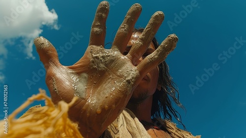 A man holds a dirty hand in front of his face