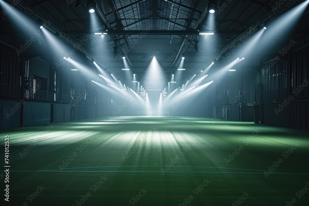 Dramatic view of an empty indoor soccer field, brilliantly illuminated by intense spotlights, highlighting the artificial turf and ambiance of the arena.