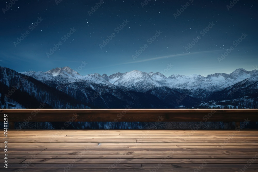 Empty wooden deck table with views of snowy mountains. With room for products Empty wooden deck table with views of snowy mountains. With room for products