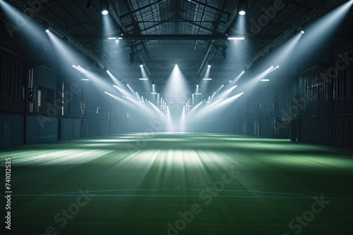 Dramatic view of an empty indoor soccer field, brilliantly illuminated by intense spotlights, highlighting the artificial turf and ambiance of the arena. photo