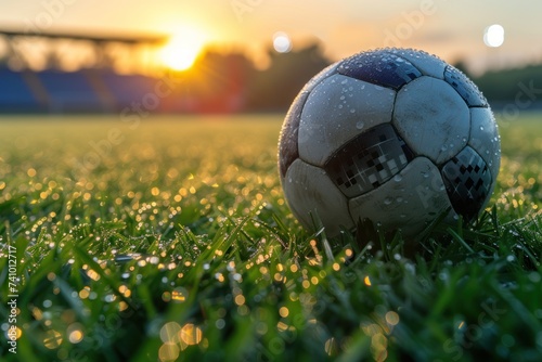 Close-up of a soccer ball on a dewy grass field, illuminated by the warm glow of sunrise in an empty stadium.