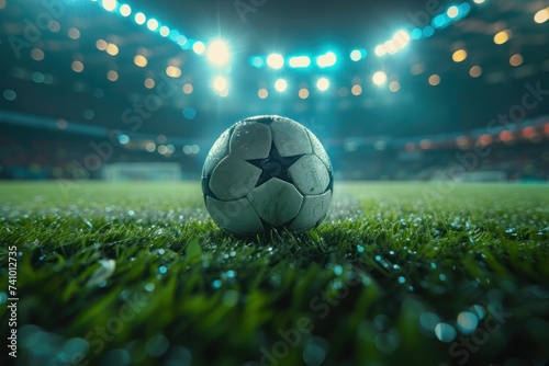 A close-up of a wet soccer ball on the grass field under the stadium lights at night, capturing the ambiance of an evening game.