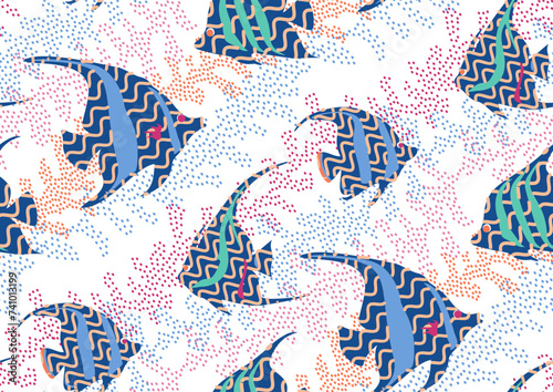 halfdrop pattern with interwined seaweed abstract floral design elements. Trendy peach fuzz, apricot crush, pink yarrow, nautical blue, turquoise colors. Seamless texture in hipster style for beach