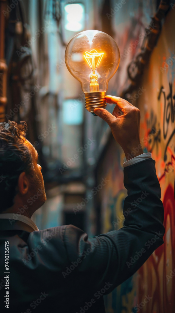 Obraz premium Innovative Thought Illumination - A man stands in a graffiti-filled alley, holding a light bulb that glows, symbolizing the spark of creativity and innovation in urban culture.