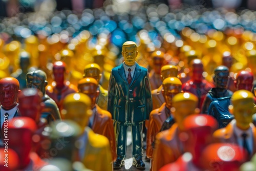 Leadership Distinction in Crowd - A single distinct figurine stands out in a crowd of identical figures, representing leadership, individuality, and standing out in a homogeneous society.