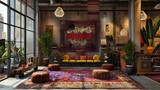 Moroccan souk inspired office with vibrant rugs and exotic furnishings, modern office interior design