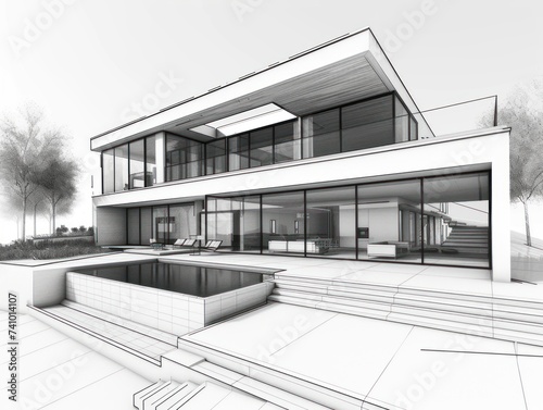 Black and white architectural sketch of a modern residential house with large windows and an outdoor pool, highlighting the design details.
