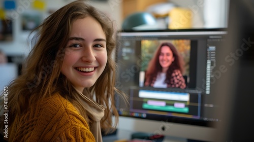 Happy young woman editing photos on a computer in a cozy workspace, smiling joyfully at camera. creative profession concept. AI