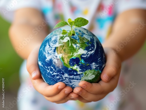 Close-up of hands holding a small globe with a young green plant sprouting, symbolizing care for the environment and sustainability.