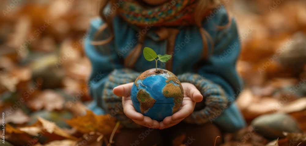 Fototapeta premium A child's hands carefully holding a small globe with soil and a new plant, emphasizing the importance of nurturing our planet.