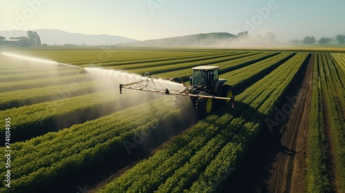 A tractor sprays pesticides and fertilizer on a field, a vital step in ensuring a healthy crop.