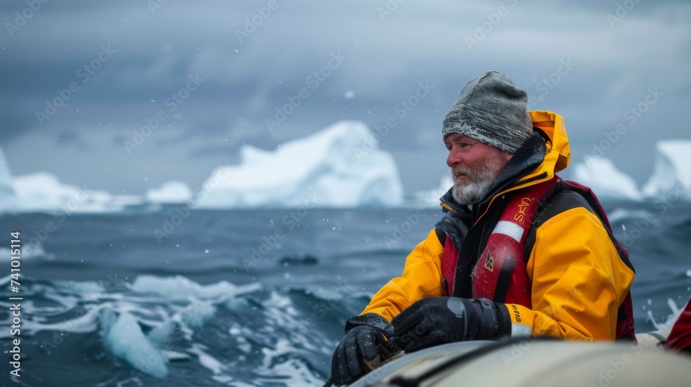 Explorer's Gaze in Frozen Sea - An intrepid explorer surveys the frozen sea, surrounded by the stark beauty of icebergs under a moody sky, a moment captured that speaks to the heart of adventure and t