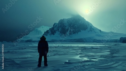 Solitude in Arctic Wilderness - A solitary figure stands amidst the vast and pristine Arctic wilderness, facing the awe-inspiring beauty of a snow-covered mountain peak under the soft glow of the wint