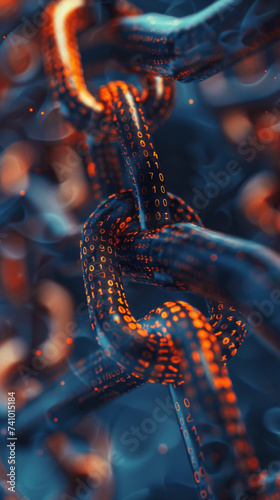 Dynamic Digital Code Chain Concept - This vibrant chain is composed of digital code, illustrating the dynamic and ever-changing nature of digital information, data processing, and cybersecurity