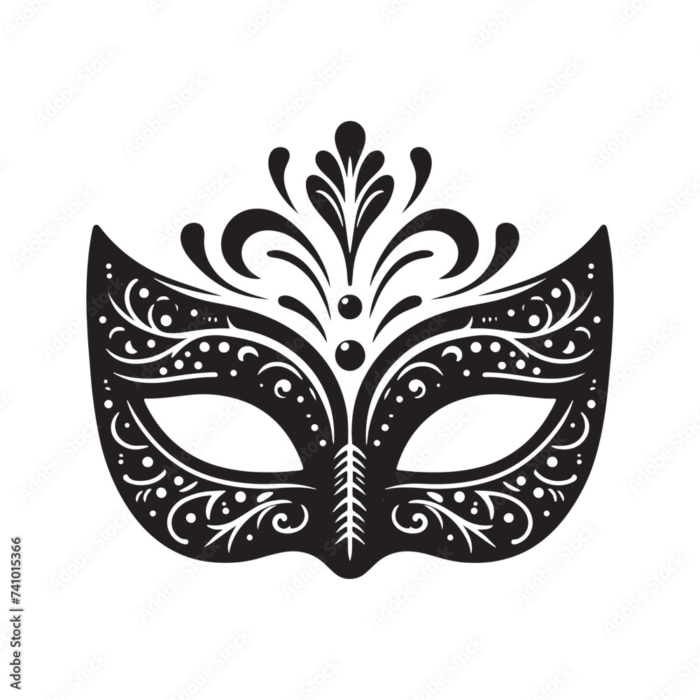 Masked Elegance: Silhouetted Masquerade Mask dorning Face with Intrigue, Mystery, and a Dash of Enigmatic Charm and Allure. Vector masquerade silhouette.