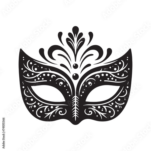 Masked Elegance: Silhouetted Masquerade Mask dorning Face with Intrigue, Mystery, and a Dash of Enigmatic Charm and Allure. Vector masquerade silhouette.