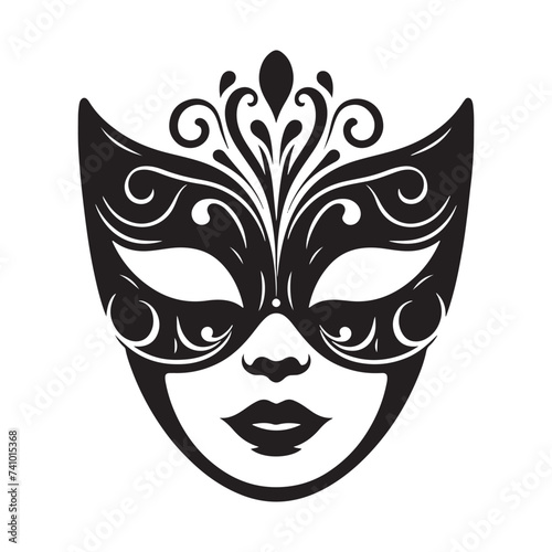 Masked Elegance: Silhouetted Masquerade Mask dorning Face with Intrigue, Mystery, and a Dash of Enigmatic Charm and Allure. Vector masquerade silhouette.