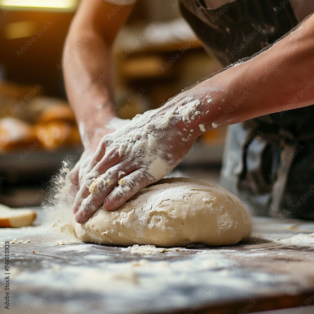 Baker kneading dough on table in bakery, closeup