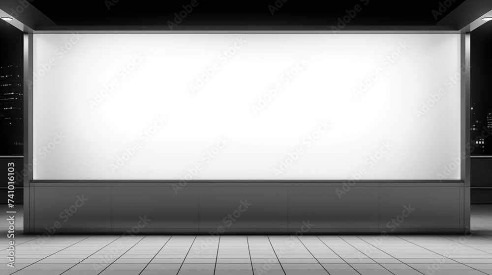 Empty white modern street billboard mockup. Bus stop in a city at night, with a mockup visible in the background.