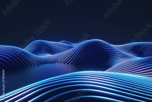 3d render, abstract geometric background illuminated with blue neon light. Glowing wavy line. Futuristic minimal wallpaper