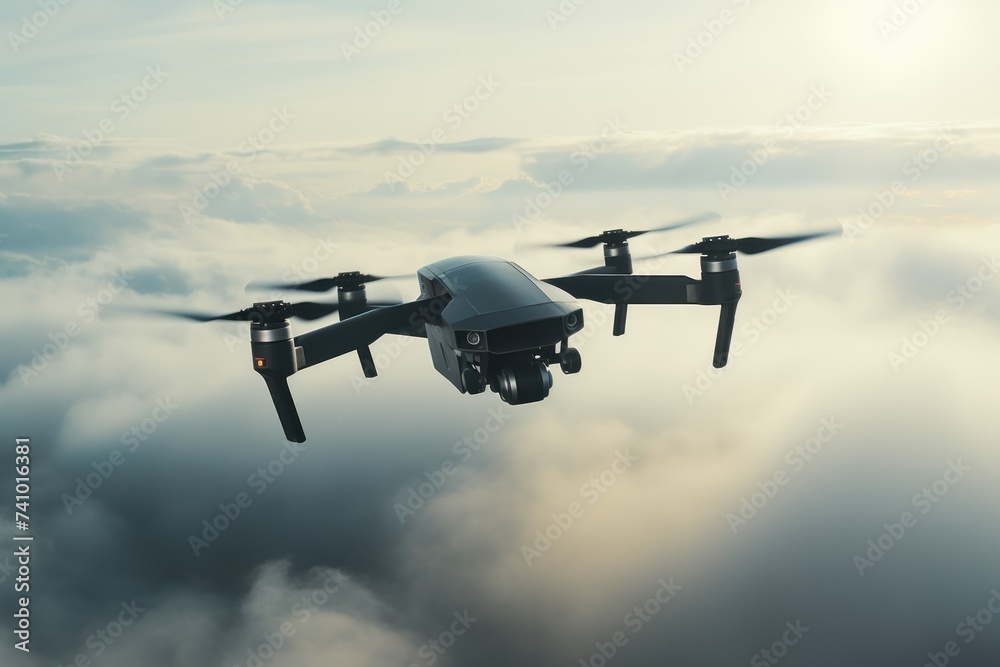 Unmanned military drone flying in the sky above the cloud, American technology Unmanned military drone flying in the sky above the cloud, American technology